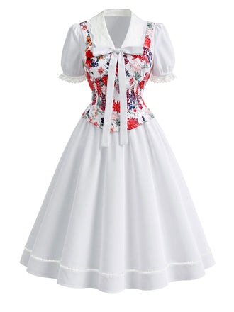 [Prévente] Ensemble corset à imprimé fleurs et robe blanche à nœud Années 1950 - 2
