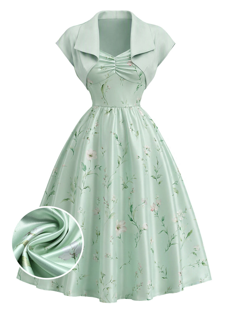 [Prévente] Ensemble 2PCS robe satinée à fleurs et col cœur avec veste boléro années 1940