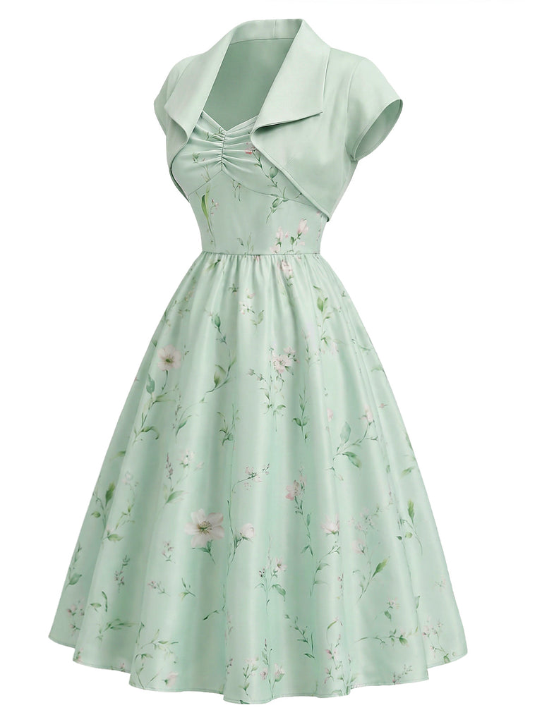 [Prévente] Ensemble 2PCS robe satinée à fleurs et col cœur avec veste boléro années 1940