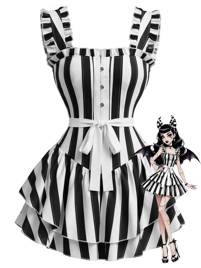 [Prévente] Robe noire et blanche rayée à volants étagés et ourlet volanté années 1950