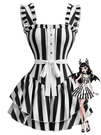 [Prévente] Robe noire et blanche rayée à volants étagés et ourlet volanté années 1950