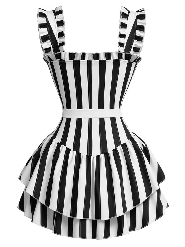 [Prévente] Robe noire et blanche rayée à volants étagés et ourlet volanté années 1950
