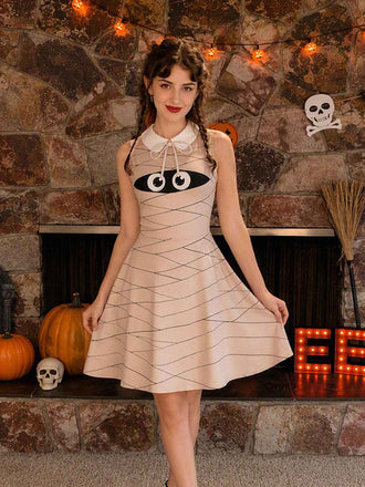[Prévente] Robe beige sans manches momie d'Halloween col Peter Pan années 1960