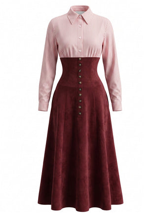 Robe chemise rayée en daim patchwork et boutonnée années 1930