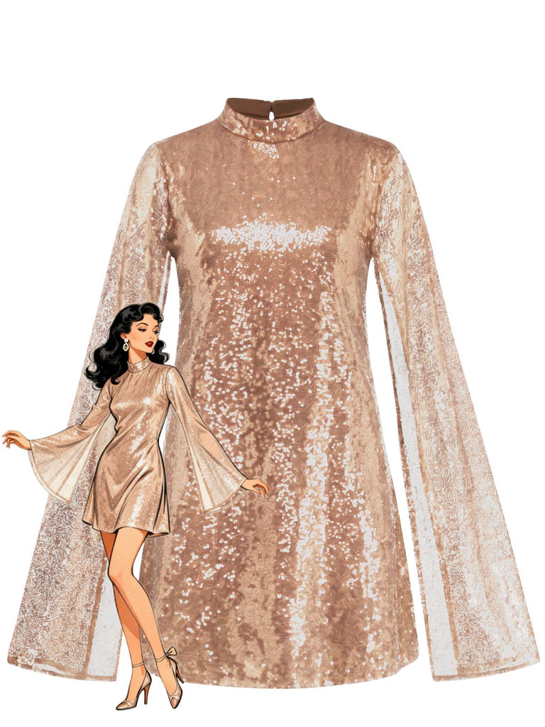 Robe à sequins, col montant, fente et manches évasées années 1930