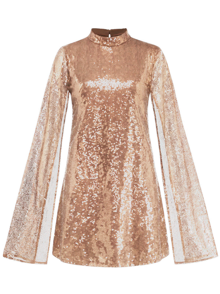 Robe à sequins, col montant, fente et manches évasées années 1930