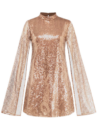 Robe à sequins, col montant, fente et manches évasées années 1930