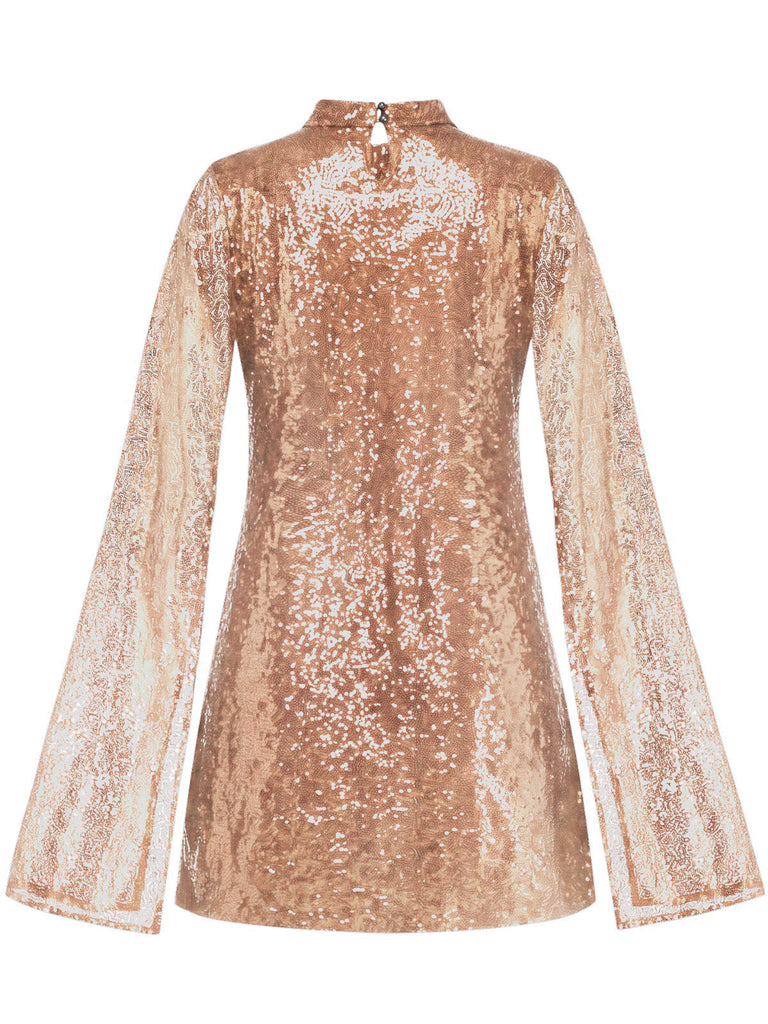 Robe à sequins, col montant, fente et manches évasées années 1930