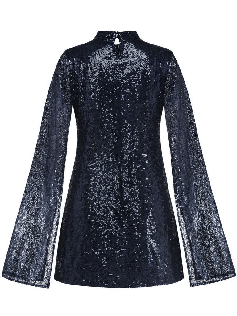 Robe à sequins, col montant, fente et manches évasées années 1930