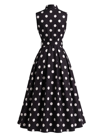 Robe à pois sans manches, revers, nœud et ceinture Années 1950