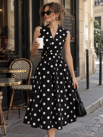 Robe noire à pois sans manches revers et ceinture Années 1950