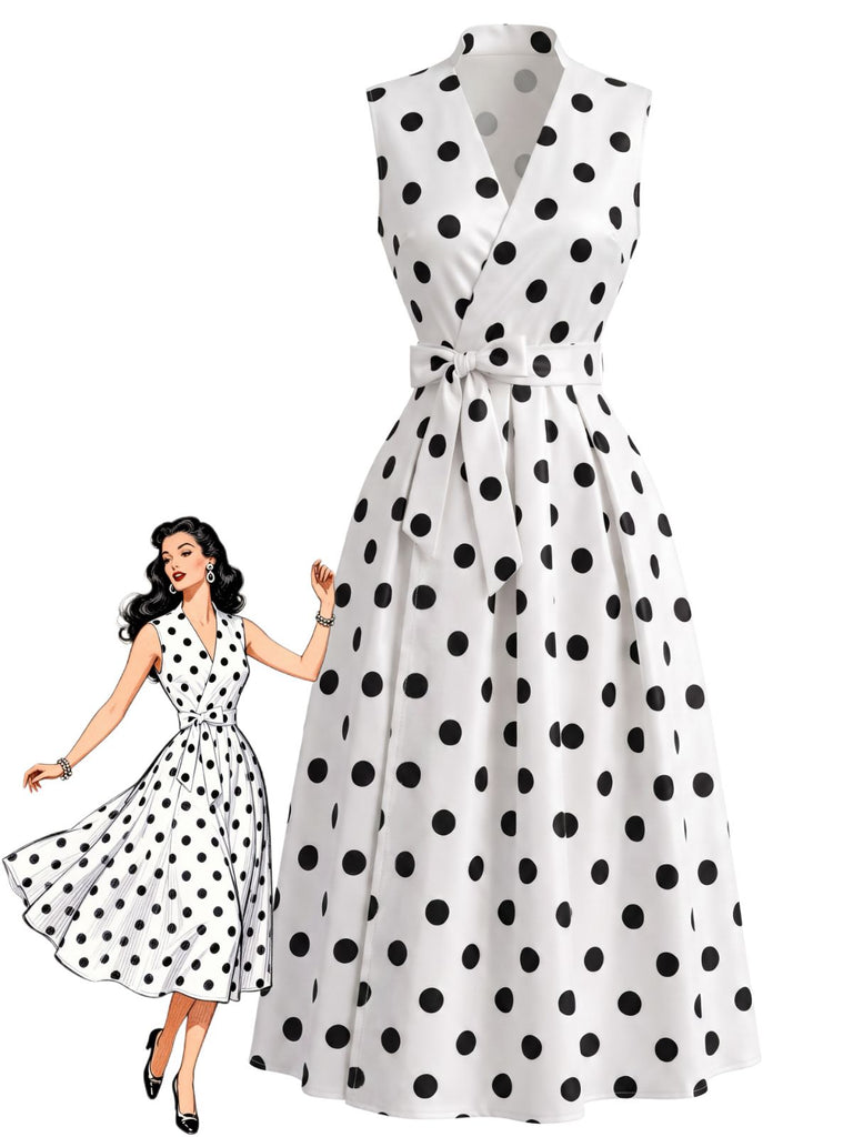 Robe à pois sans manches, revers, nœud et ceinture Années 1950