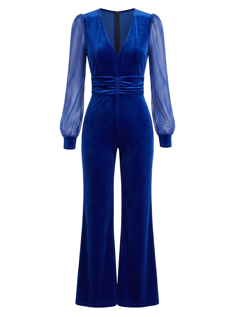 Combinaison bleu royal en velours à manches transparentes évasées années 1940