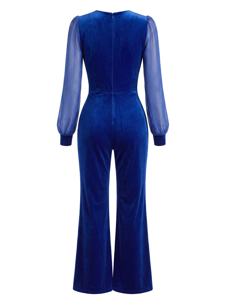 Combinaison bleu royal en velours à manches transparentes évasées années 1940