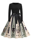 Robe évasée noire pour Halloween motif tête mort hibou et chauve-souris années 50