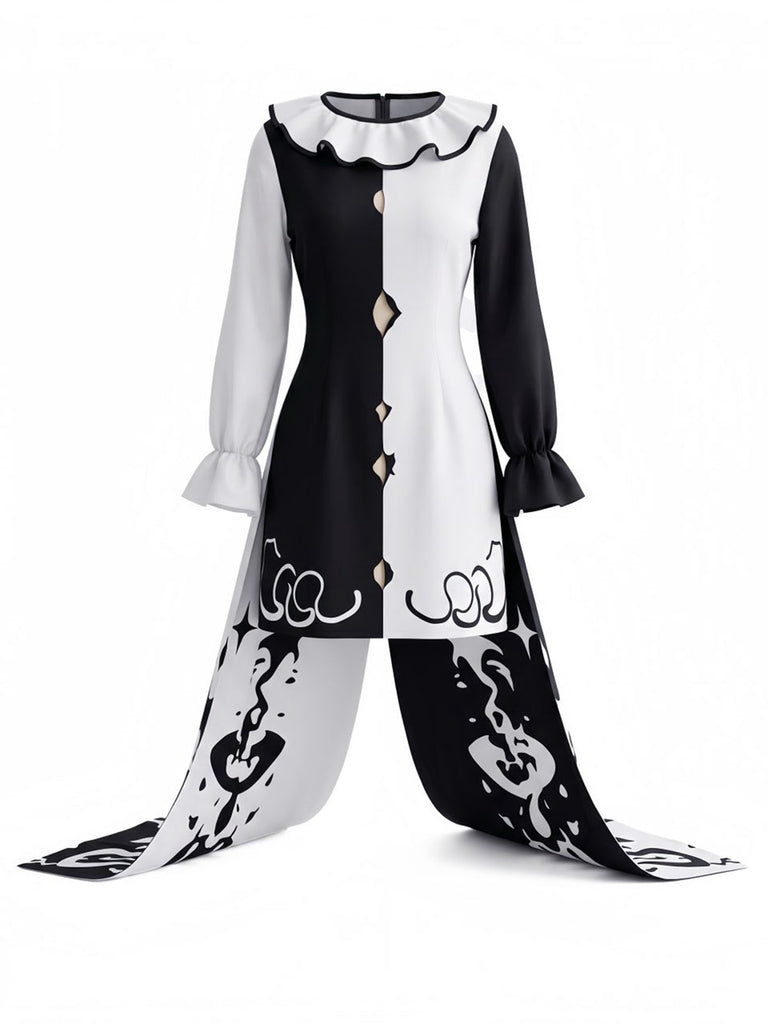 Robe de clown d’Halloween noire et blanche à col volanté années 1950