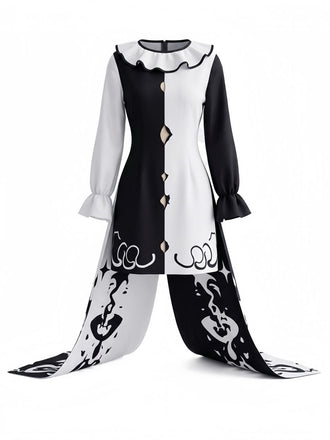 Robe de clown d’Halloween noire et blanche à col volanté années 1950