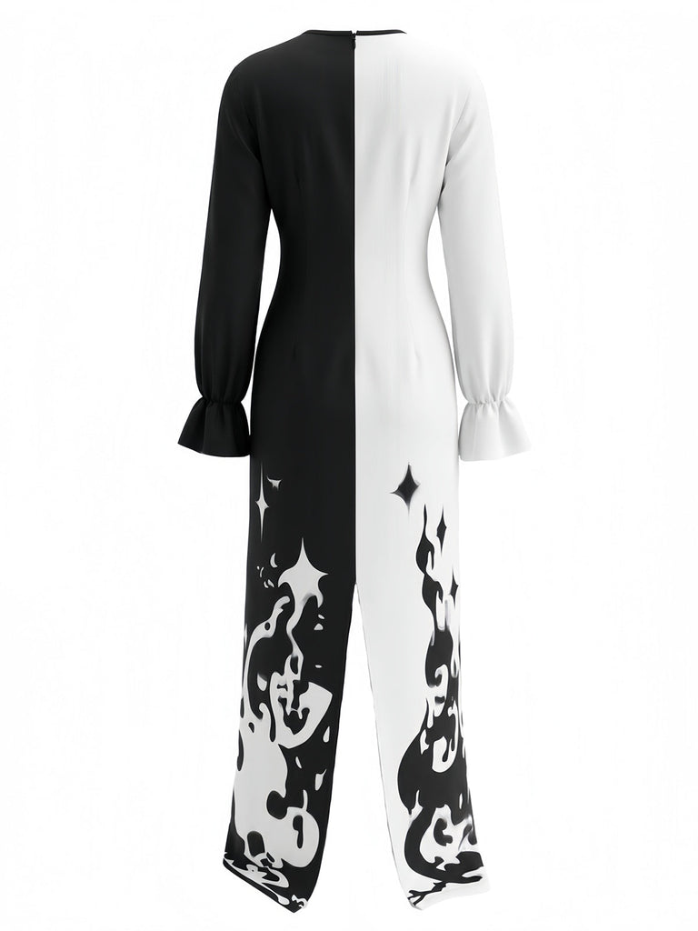 Robe de clown d’Halloween noire et blanche à col volanté années 1950