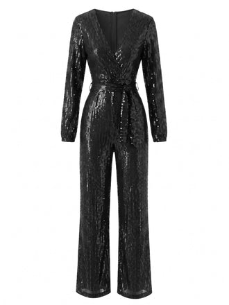 Combinaison à sequins, coupe portefeuille, taille nouée et manches longues années 1930 - 1
