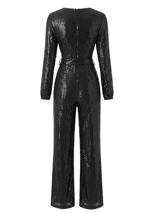 Combinaison à sequins, coupe portefeuille, taille nouée et manches longues années 1930 - 2