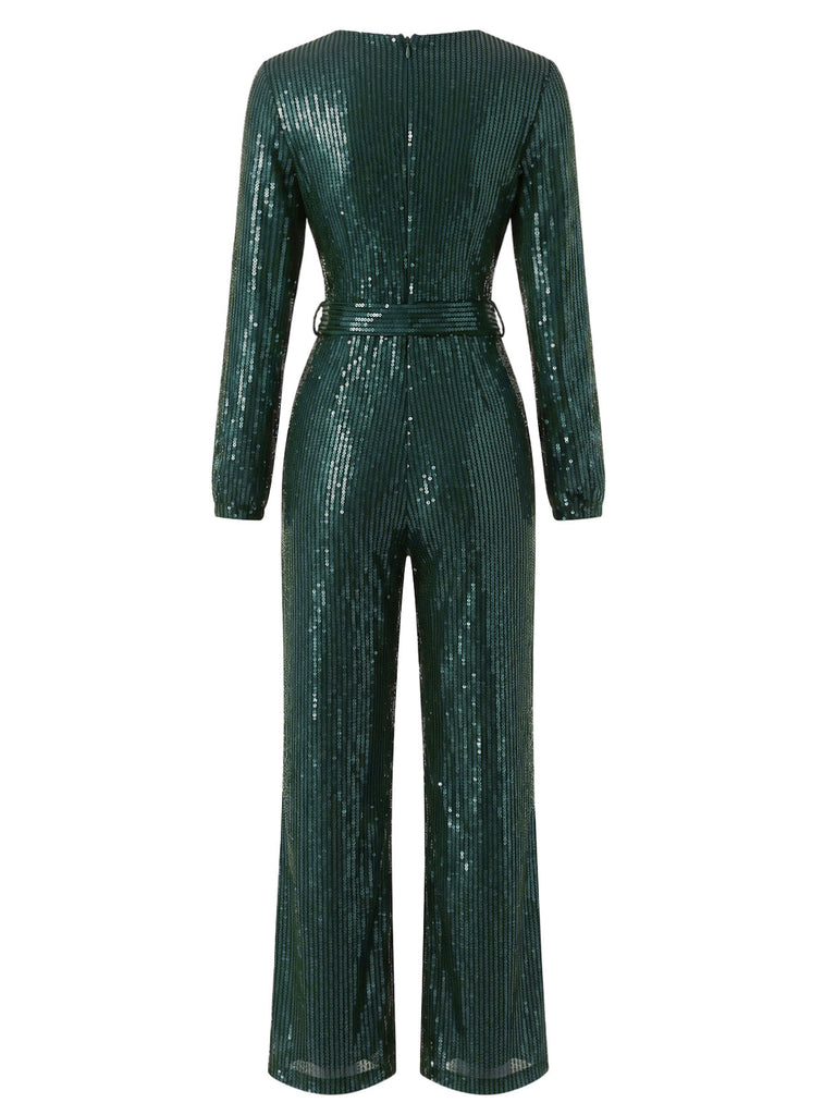 Combinaison à sequins, coupe portefeuille, taille nouée et manches longues années 1930 - 4