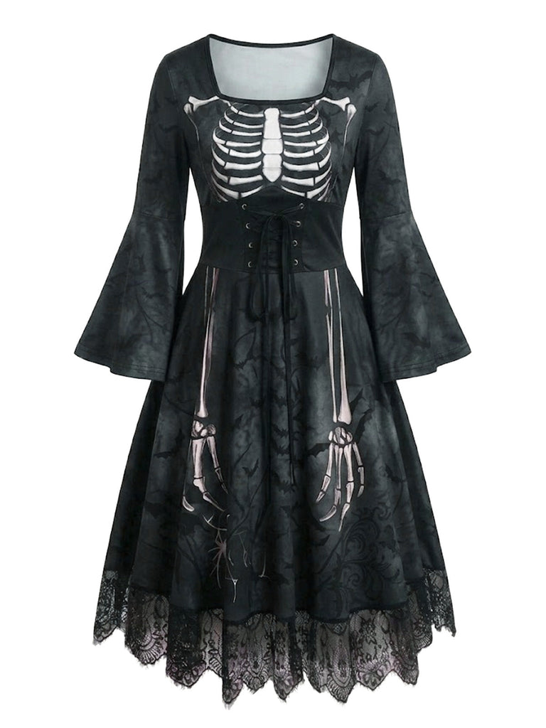 Robe gothique d’Halloween à squelette, manches longues cloche et dentelle années 1950
