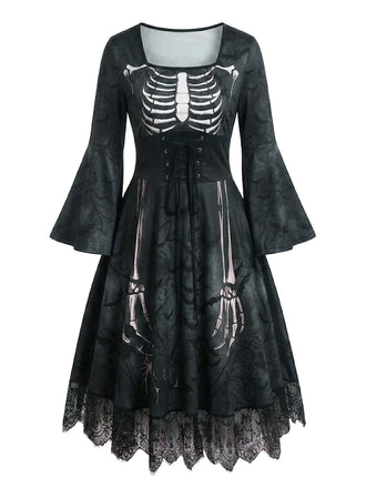 Robe gothique d’Halloween à squelette, manches longues cloche et dentelle années 1950