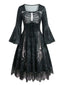 Robe noire gothique d’Halloween manches longues cloche et dentelle années 1950