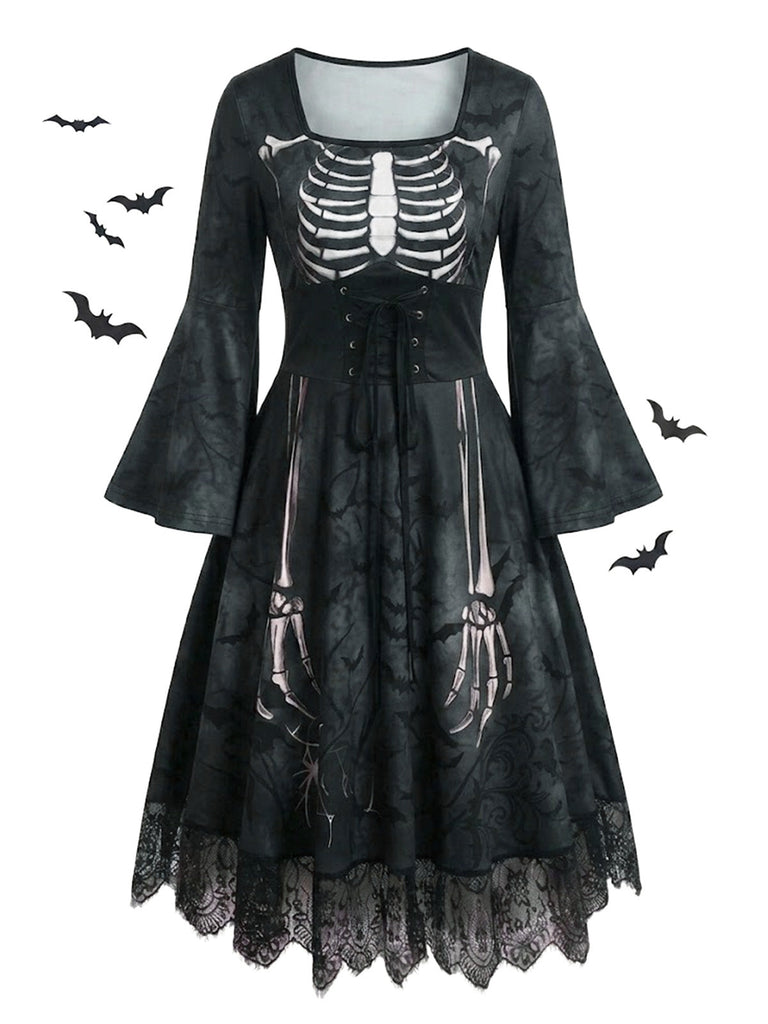 Robe gothique d’Halloween à squelette, manches longues cloche et dentelle années 1950
