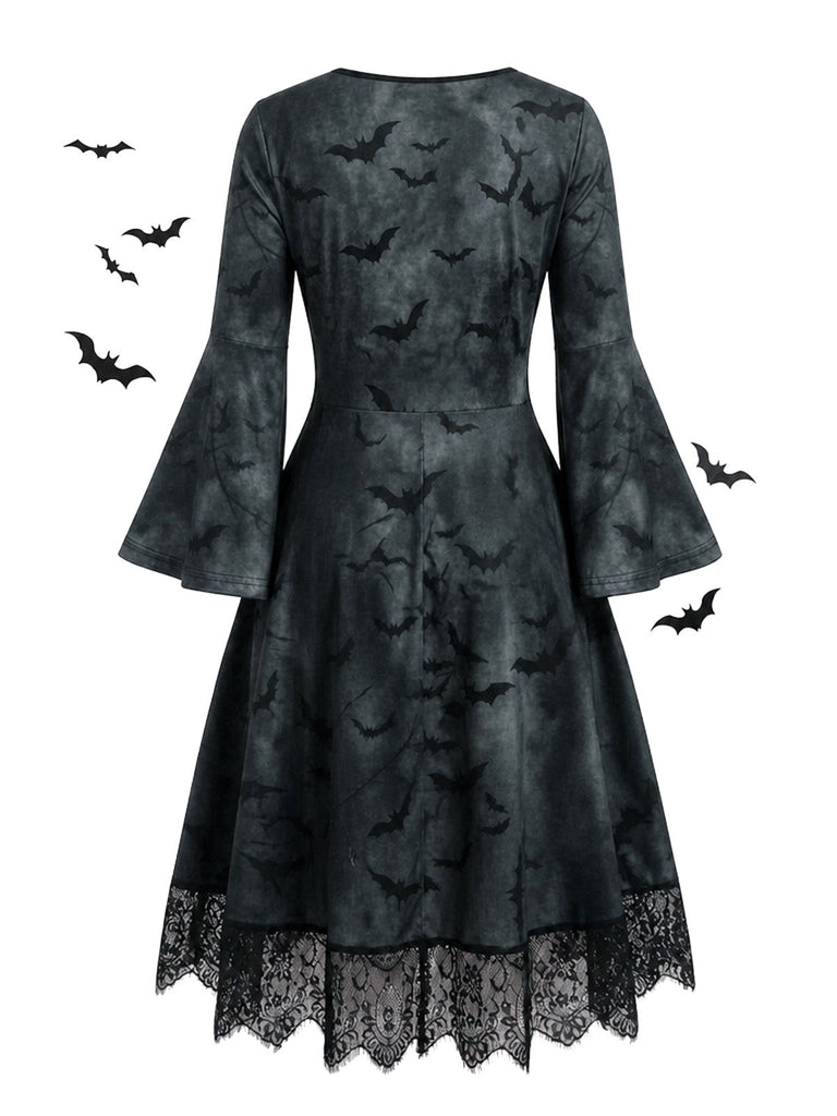 Robe gothique d’Halloween à squelette, manches longues cloche et dentelle années 1950