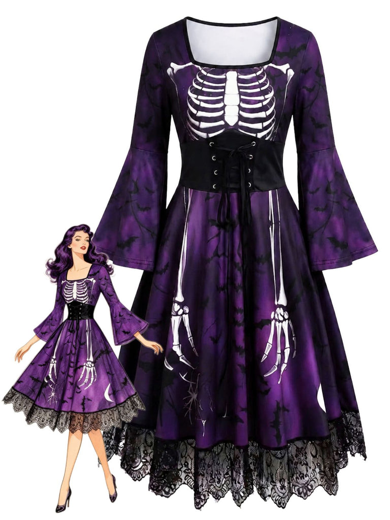 Robe gothique d’Halloween à squelette, manches longues cloche et dentelle années 1950
