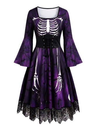 Robe gothique d’Halloween à squelette, manches longues cloche et dentelle années 1950