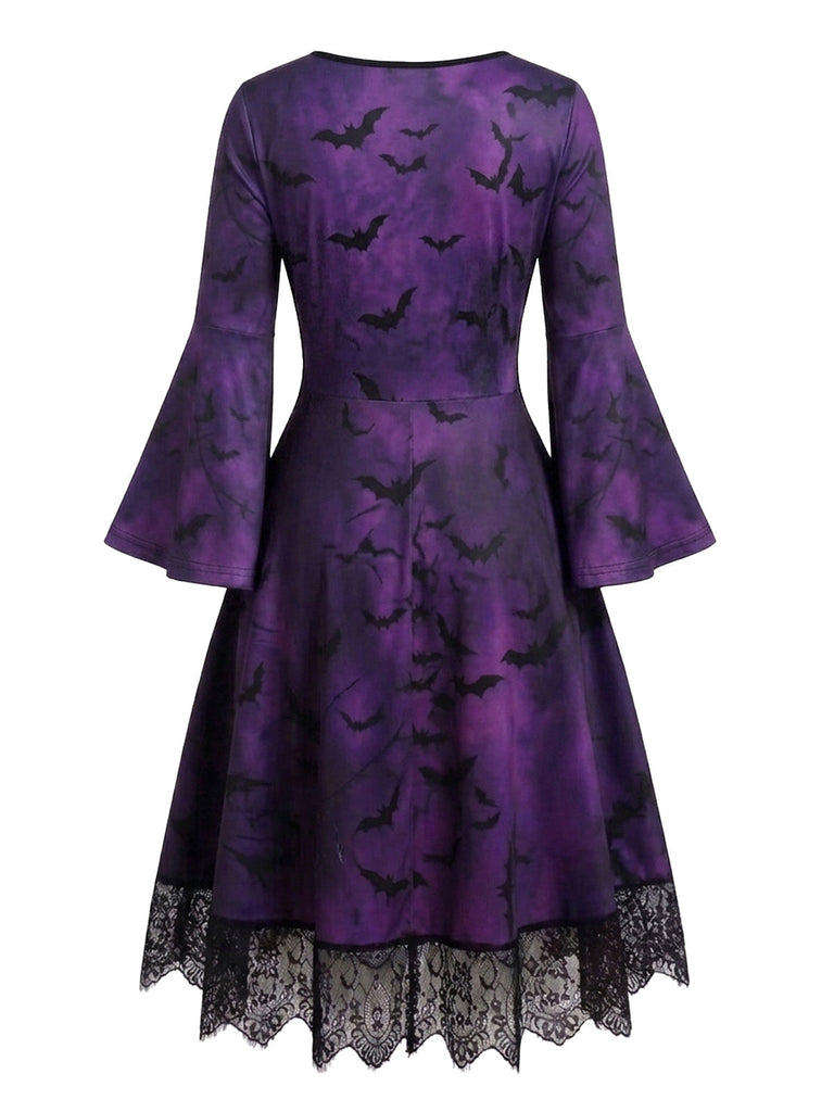 Robe gothique d’Halloween à squelette, manches longues cloche et dentelle années 1950