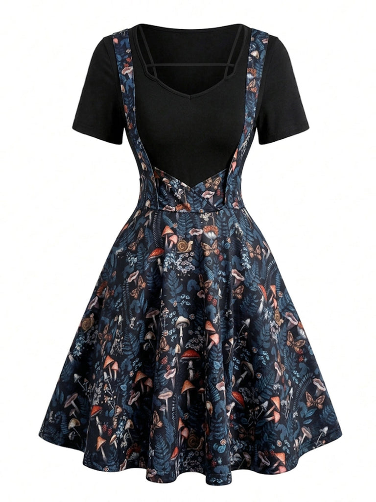 Robe gothique effet deux pièces à col V et imprimé champignons années 1950
