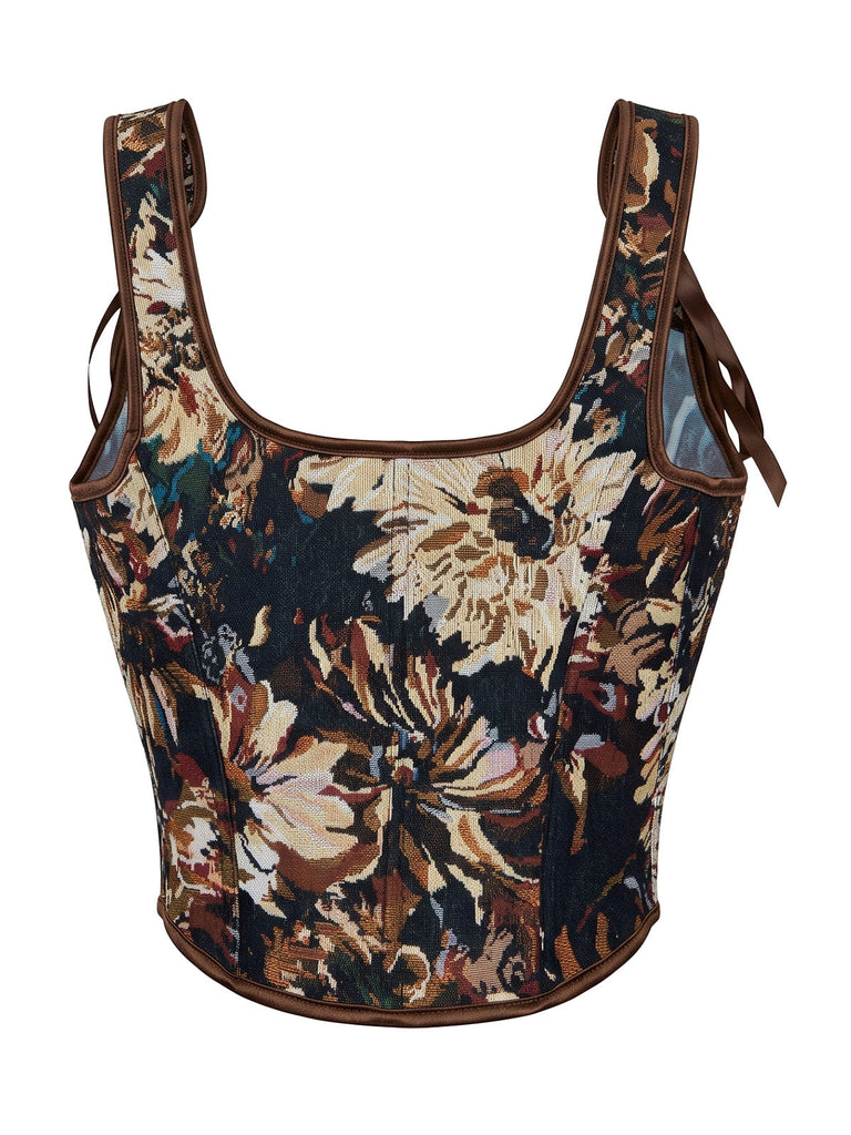 Top corset à imprimé peinture à l’huile, ruban et laçage années 1980