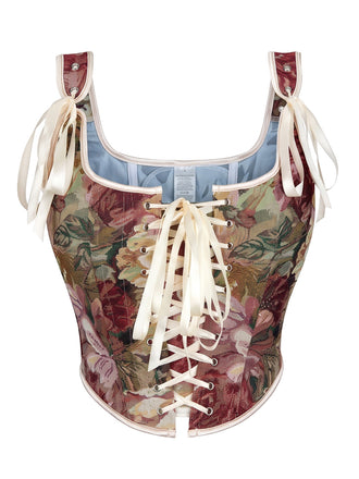 Top corset à imprimé peinture à l’huile, ruban et laçage années 1980