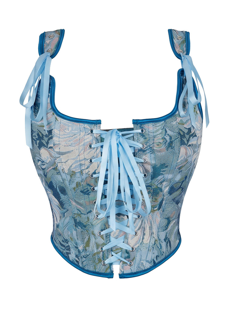 Top corset à imprimé peinture à l’huile, ruban et laçage années 1980