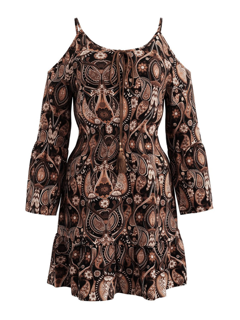 [Grande Taille] Robe courte café à motif cachemire et épaules découvertes années 1970