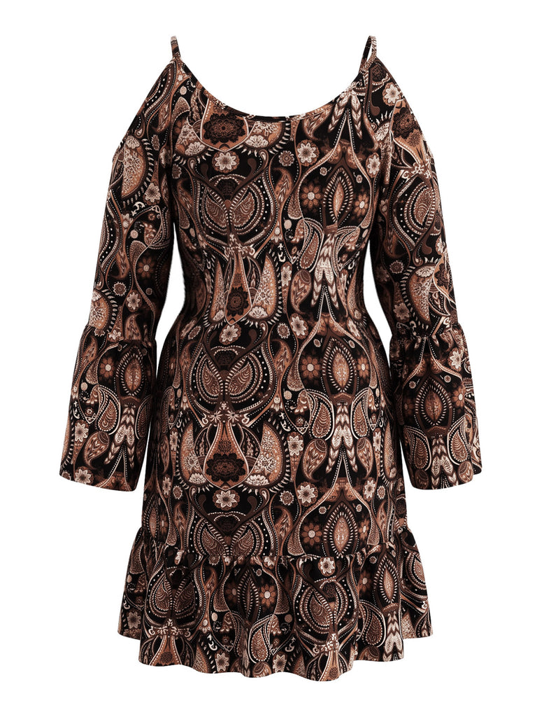 [Grande Taille] Robe courte café à motif cachemire et épaules découvertes années 1970