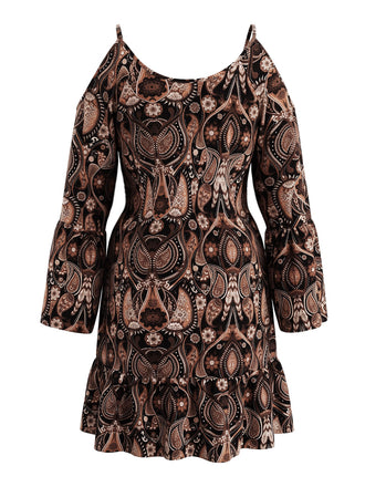 [Grande Taille] Robe courte café à motif cachemire et épaules découvertes années 1970