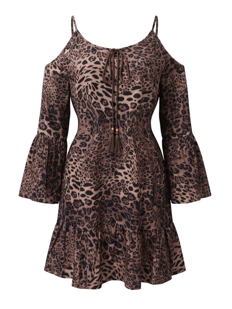 [Grande Taille] Robe courte café à motif cachemire et épaules découvertes années 1970
