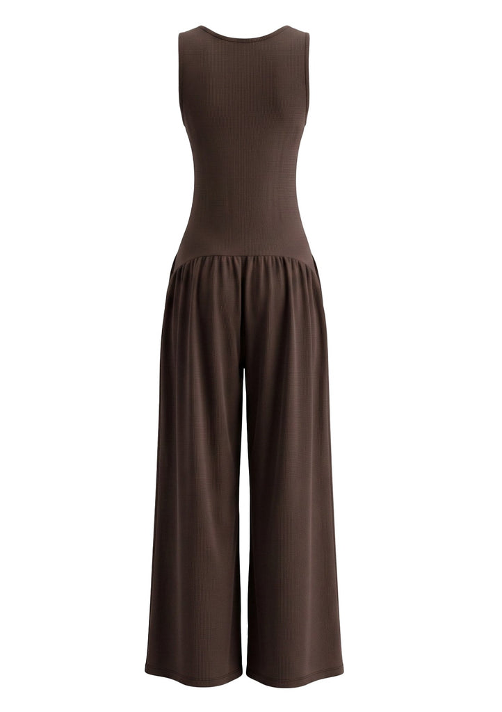 Combinaison marron sans manches à col V et jambes larges années 1970