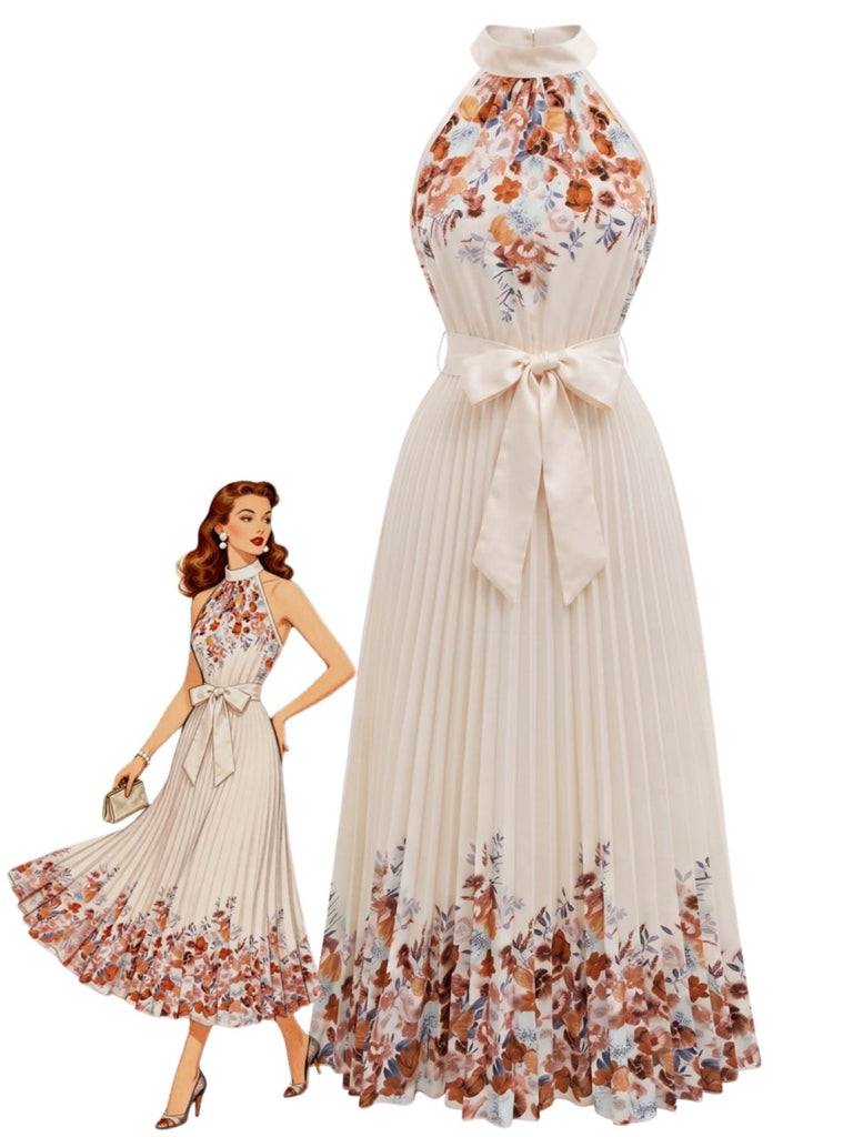 Robe longue beige fleurie, plissée, dos nu et taille nouée années 1950