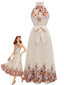 Robe longue beige fleurie dos nu et taille nouée années 1950