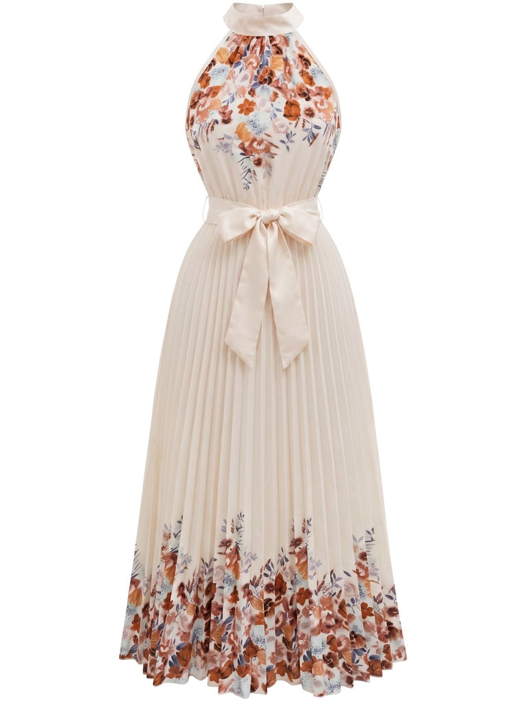Robe longue beige fleurie, plissée, dos nu et taille nouée années 1950