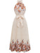 Robe longue beige fleurie, plissée, dos nu et taille nouée années 1950