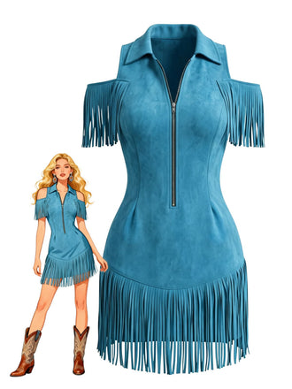 Robe à revers en daim, franges et épaules dénudées Années 1970