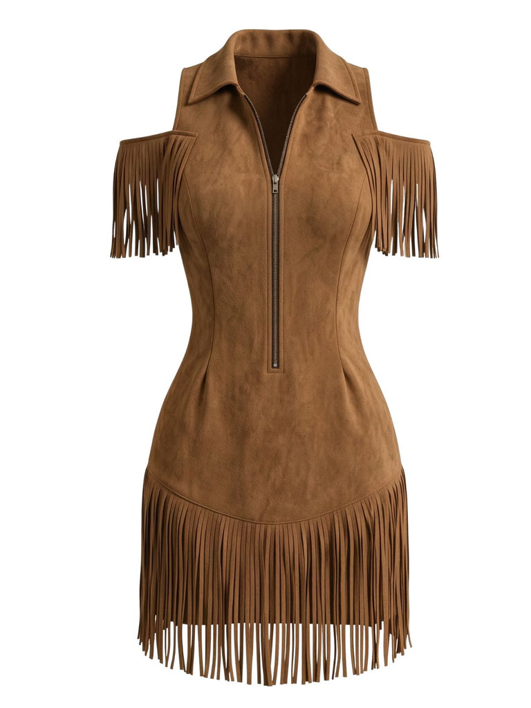 Robe à revers en daim, franges et épaules dénudées Années 1970