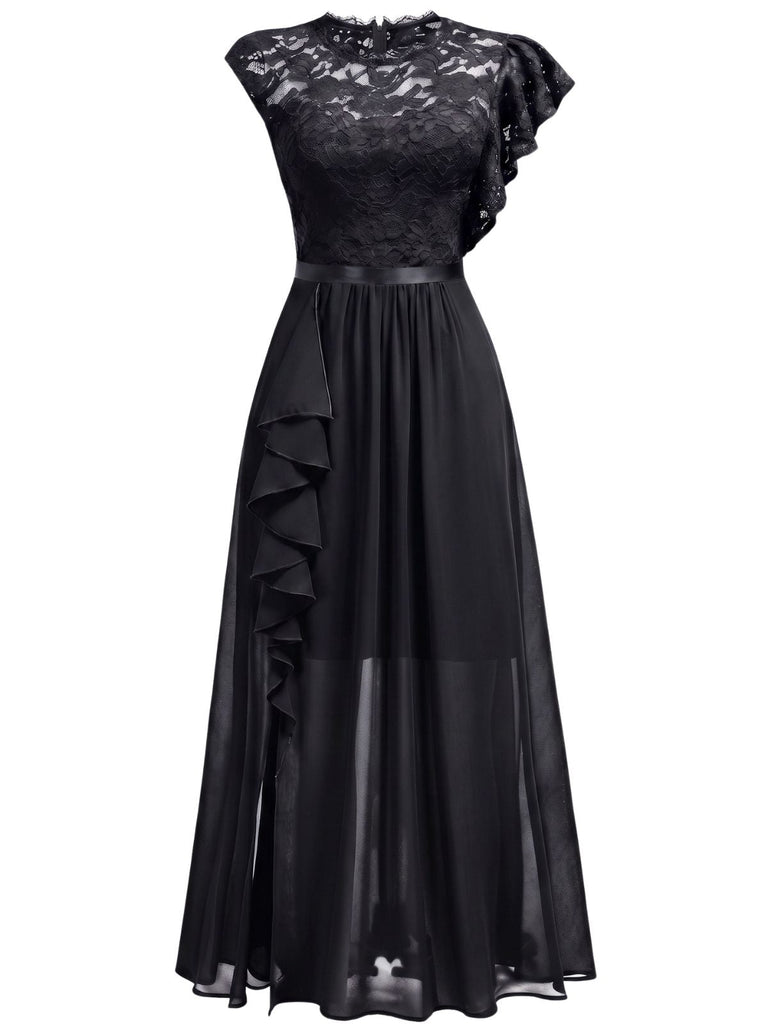 Robe longue de soirée asymétrique en dentelle à fleurs et volants années 1930