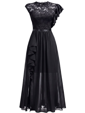 Robe longue de soirée asymétrique en dentelle à fleurs et volants années 1930